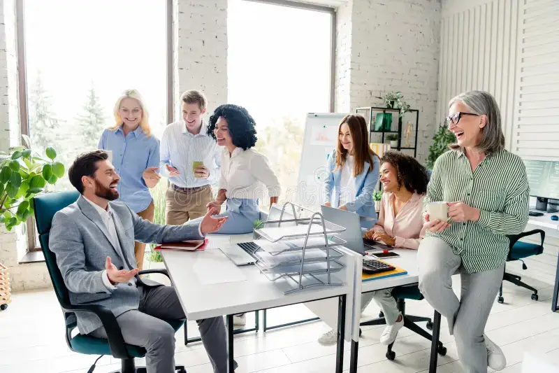 Team members collaborating in a modern office