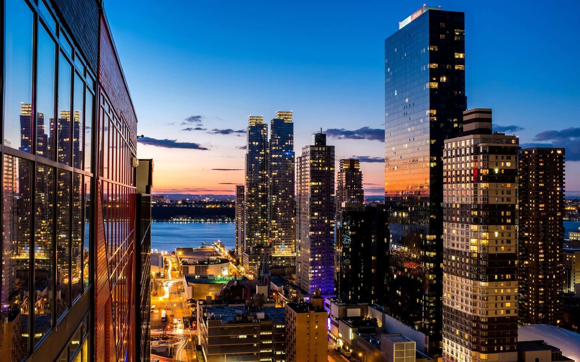Vibrant downtown skyline at dusk